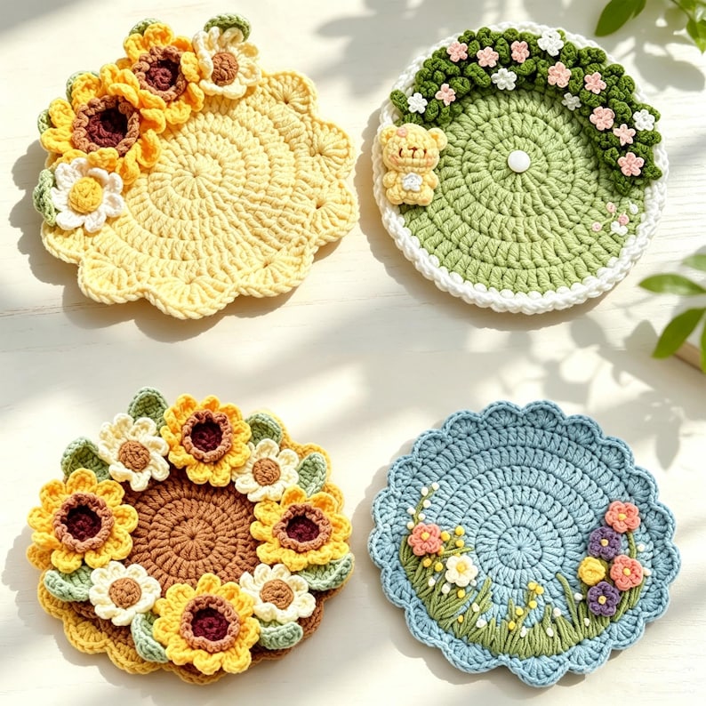 Gehäkelte Untersetzer mit Blumenmuster, 4er-Set, Dekoration im rustikalen Stil