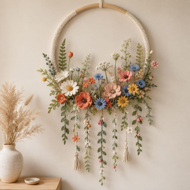 Gehäkelter Blumenkranz als Wandbehang, botanischer Kranz im Bohème-Stil