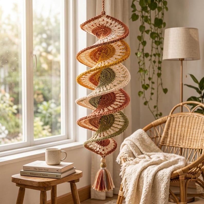 Gehäkelte Windspiele, spiralförmige Ornamente im Bohème-Stil, 3D-Windspiele