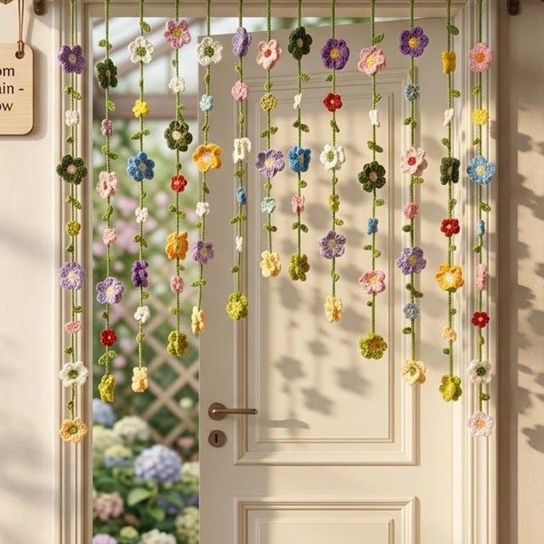 Gehäkelter Blumen-Vorhang Wandbehang, Gänseblümchen Fensterdeko, Boho Cottagecore Deko, handgefertigt, 14 Aufhängegurte