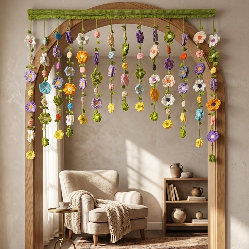 Gehäkelter Blumen-Vorhang Wandbehang, Gänseblümchen Fensterdeko, Boho Cottagecore Deko, handgefertigt, 14 Aufhängegurte