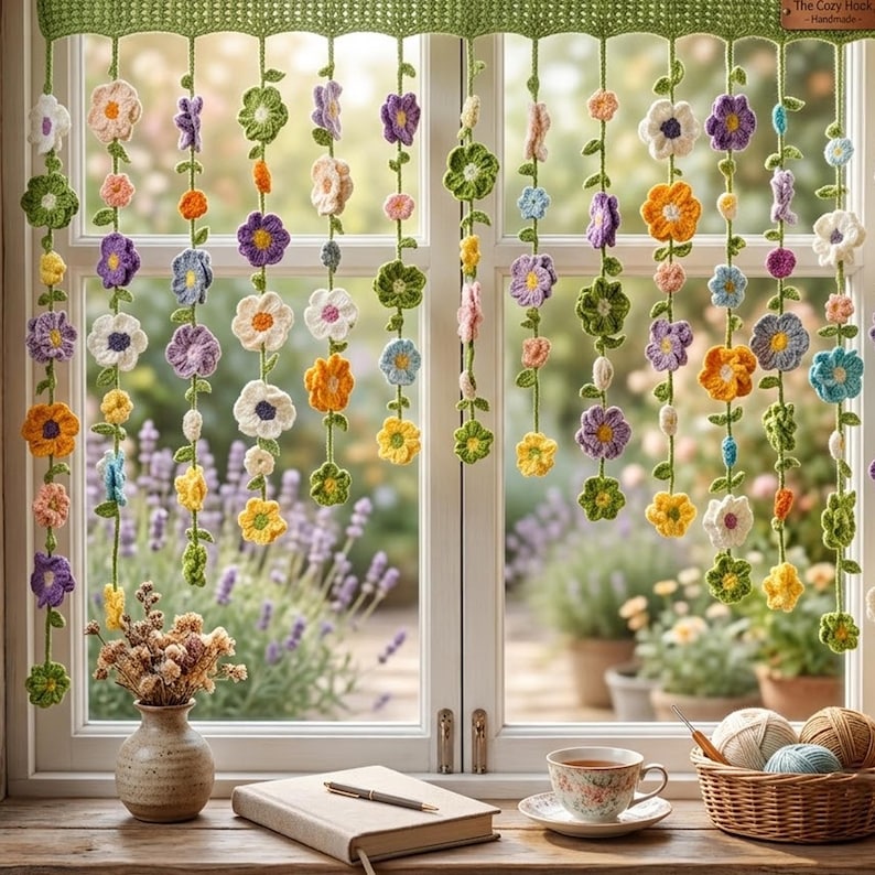 Gehäkelter Blumen-Vorhang Wandbehang, Gänseblümchen Fensterdeko, Boho Cottagecore Deko, handgefertigt, 14 Aufhängegurte