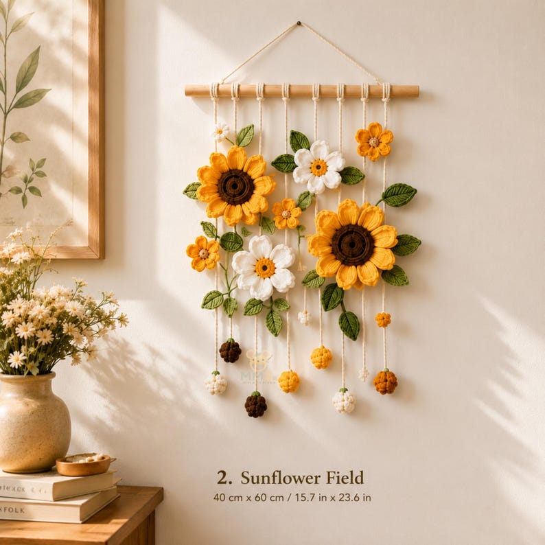 Gehäkelter Blumen-Wandbehang Lavendel Gänseblümchen Sonnenblume Tulpe Kirschblüte Rose