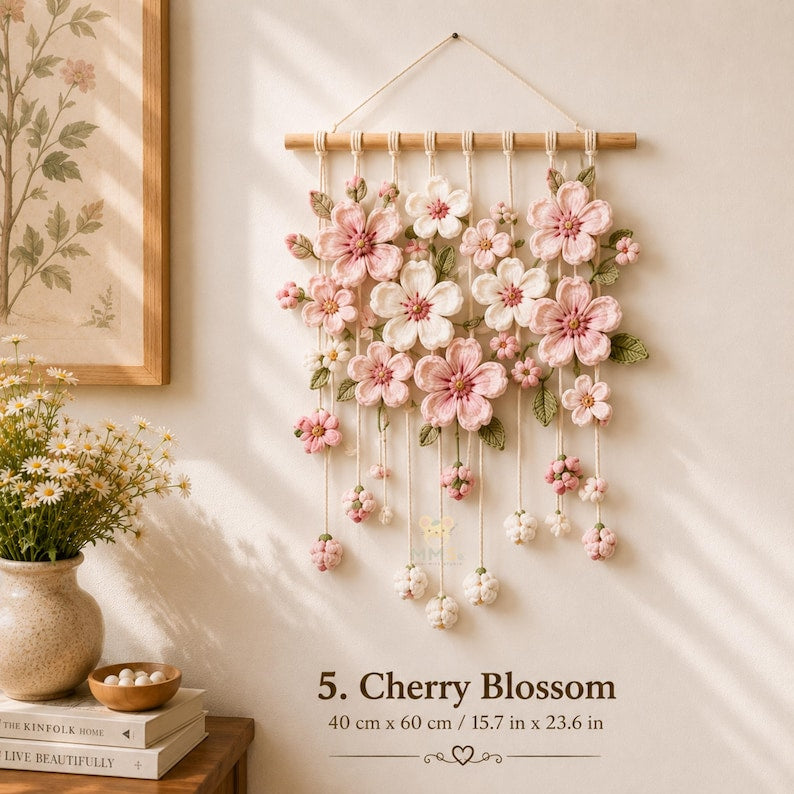 Gehäkelter Blumen-Wandbehang Lavendel Gänseblümchen Sonnenblume Tulpe Kirschblüte Rose