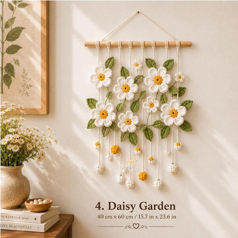 Gehäkelter Blumen-Wandbehang Lavendel Gänseblümchen Sonnenblume Tulpe Kirschblüte Rose