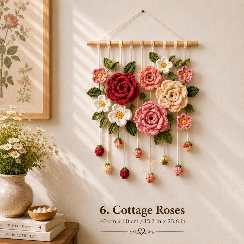 Gehäkelter Blumen-Wandbehang Lavendel Gänseblümchen Sonnenblume Tulpe Kirschblüte Rose