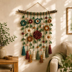 Häkelarbeiten, florale Wandbehänge, Wanddekorationen im Bohème-Stil, gehäkelte Kränze