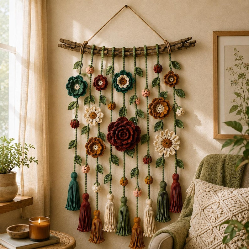Häkelarbeiten, florale Wandbehänge, Wanddekorationen im Bohème-Stil, gehäkelte Kränze