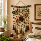 Häkelarbeiten, florale Wandbehänge, Wanddekorationen im Bohème-Stil, gehäkelte Kränze