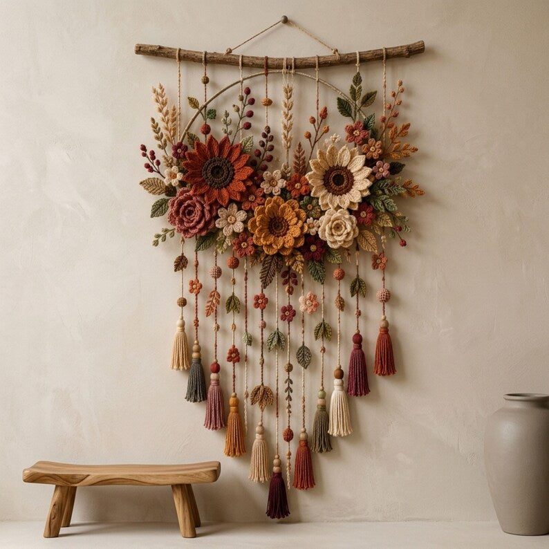 Gehäkelter Blumenwandbehang, Herbstpflanzen: Sonnenblume, Rose, Blätter und Quasten