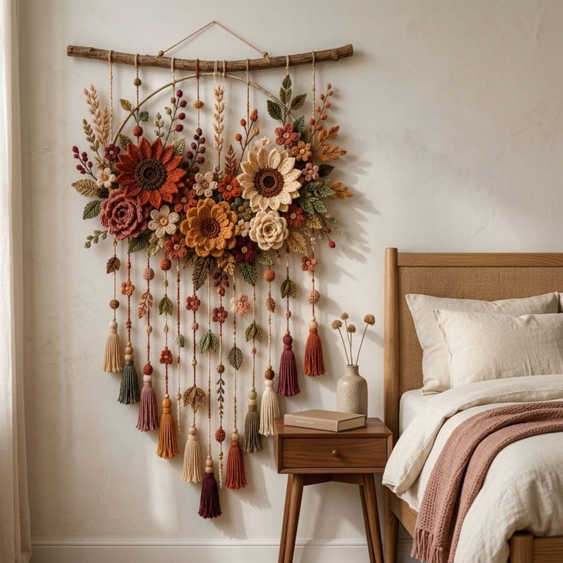 Gehäkelter Blumenwandbehang, Herbstpflanzen: Sonnenblume, Rose, Blätter und Quasten