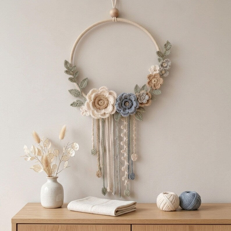 Crochet Floral Hoop Wall Hanging Pattern PDF, 3D Botanical Gehäkelter Blumenkranz als Wandbehang, 3D-Pflanzenkranz, Wohndekoration im böhmischen LandhausstilFlower Wreath, Boho Cottagecore Home Decor, Instant Digital Download