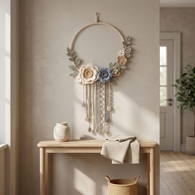 Crochet Floral Hoop Wall Hanging Pattern PDF, 3D Botanical Gehäkelter Blumenkranz als Wandbehang, 3D-Pflanzenkranz, Wohndekoration im böhmischen LandhausstilFlower Wreath, Boho Cottagecore Home Decor, Instant Digital Download