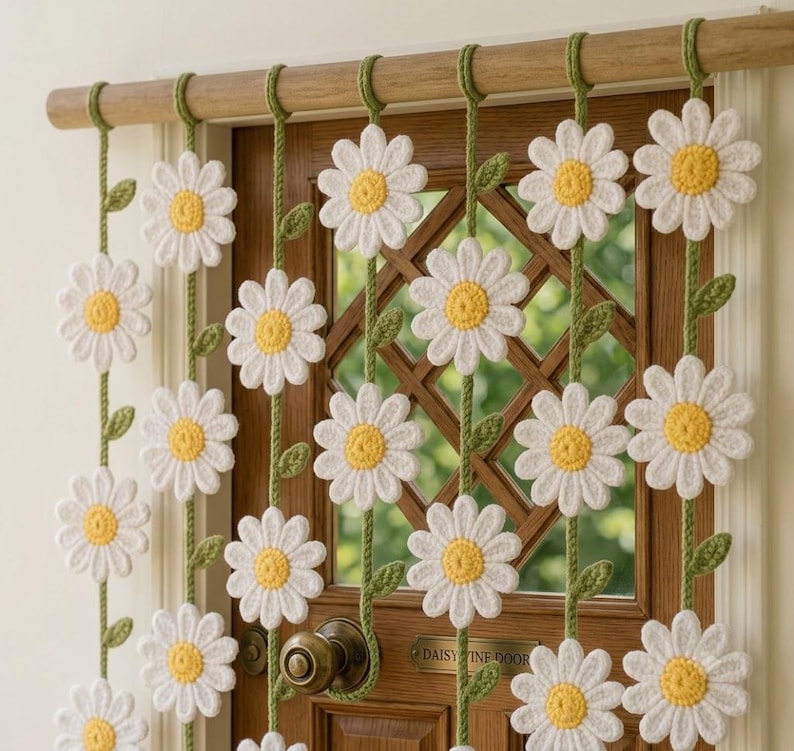 Handgehäkelte Gänseblümchen-Gardinen-Schieber, Boho-Fenster-Dekor, Cottagecore, floral, weiß und grün