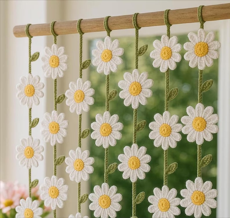 Handgehäkelte Gänseblümchen-Gardinen-Schieber, Boho-Fenster-Dekor, Cottagecore, floral, weiß und grün