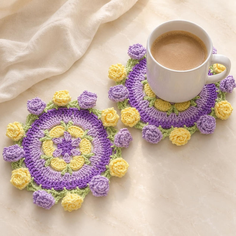 Gehäkeltes Blumen-Untersetzer-Set, 2-in-1-Untersetzer, verziert mit floralen Mustern, handgefertigte Untersetzer