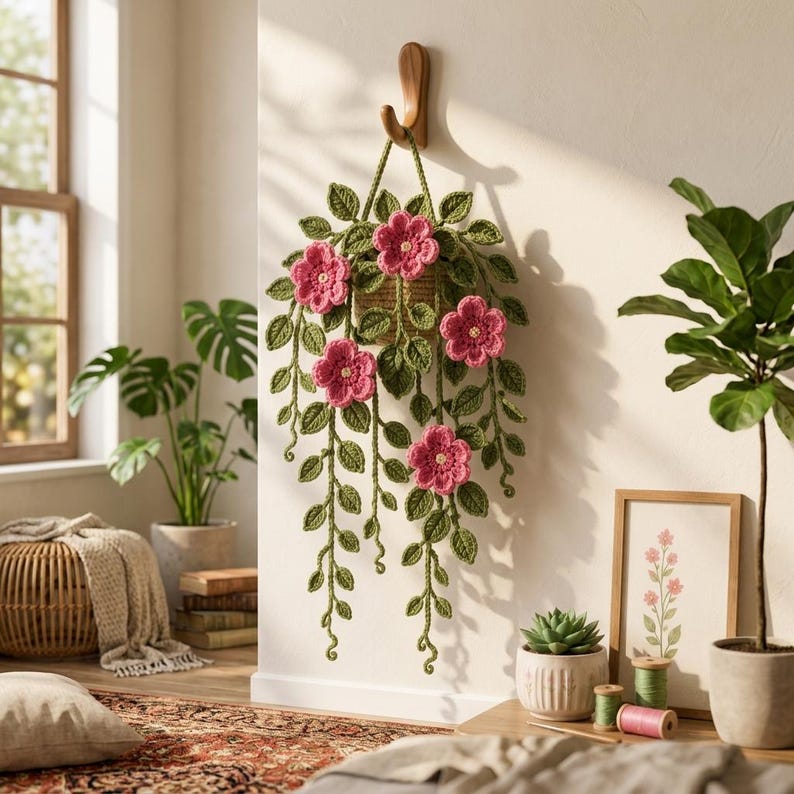 Gehäkelte Blumenwanddekorationen, rosa Blumenwandpflanzgefäße, Faser-Kunst im Bohème-Stil