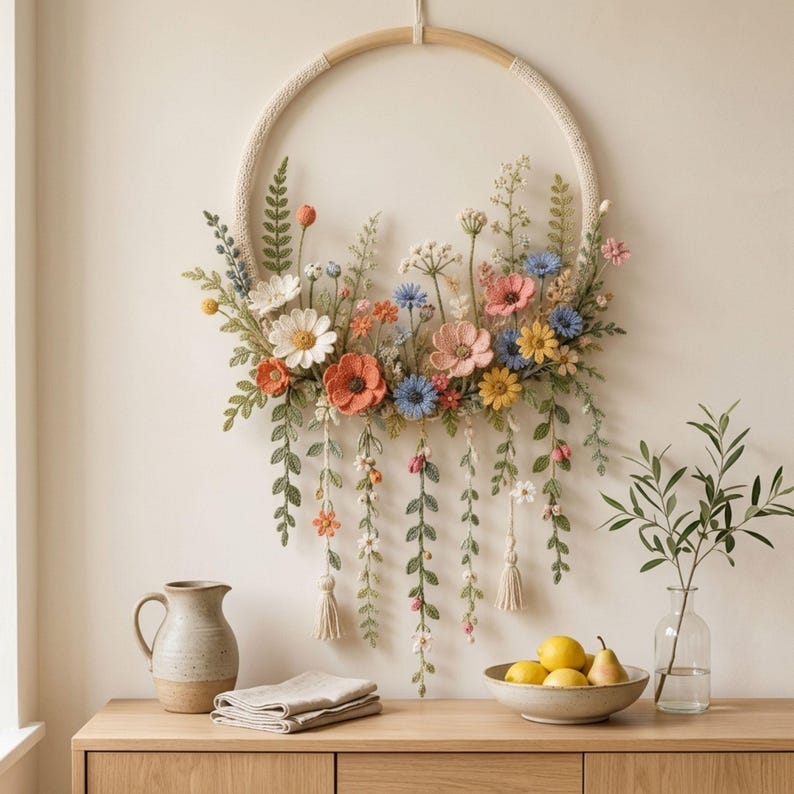 Gehäkelter Blumenkranz als Wandbehang, botanischer Kranz im Bohème-Stil