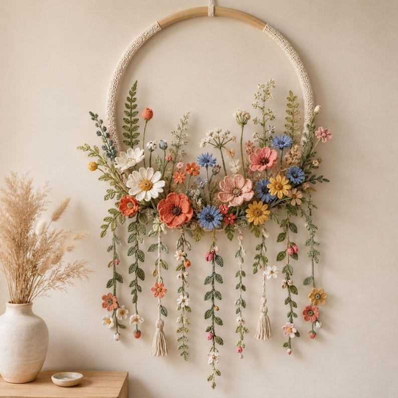 Gehäkelter Blumenkranz als Wandbehang, botanischer Kranz im Bohème-Stil