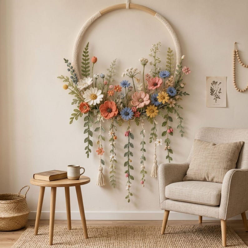 Gehäkelter Blumenkranz als Wandbehang, botanischer Kranz im Bohème-Stil
