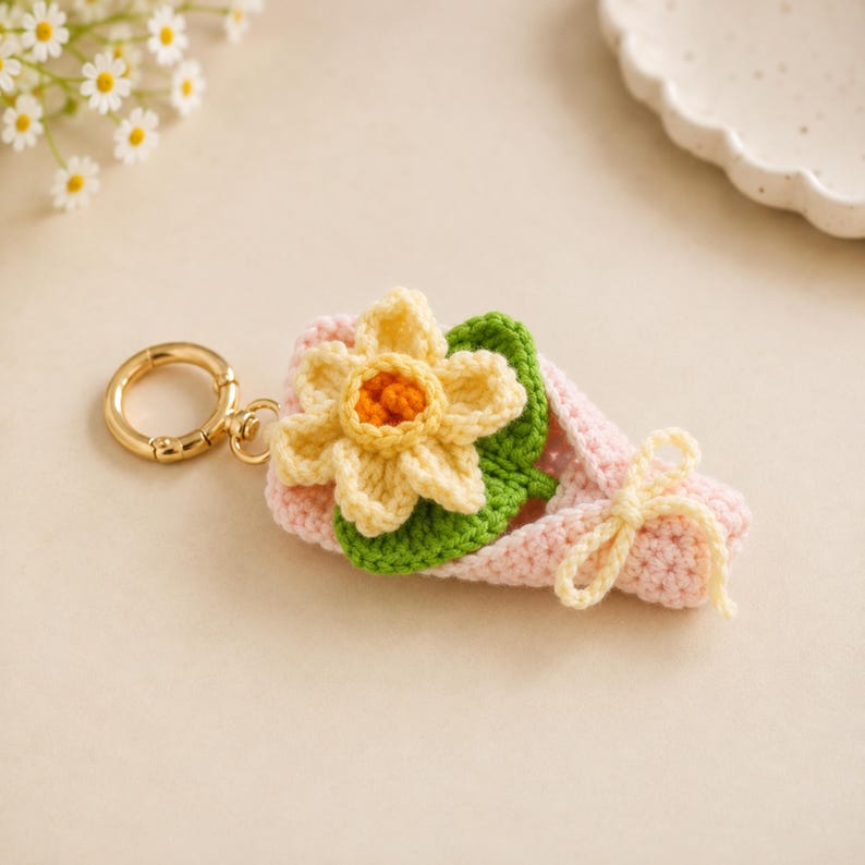 Gehäkelter Narzissenanhänger, Blumen-Taschenanhänger, Schlüsselanhänger, Rucksackdeko, Frühlingsblüte