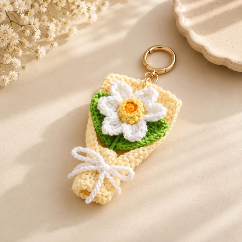 Gehäkelter Narzissenanhänger, Blumen-Taschenanhänger, Schlüsselanhänger, Rucksackdeko, Frühlingsblüte