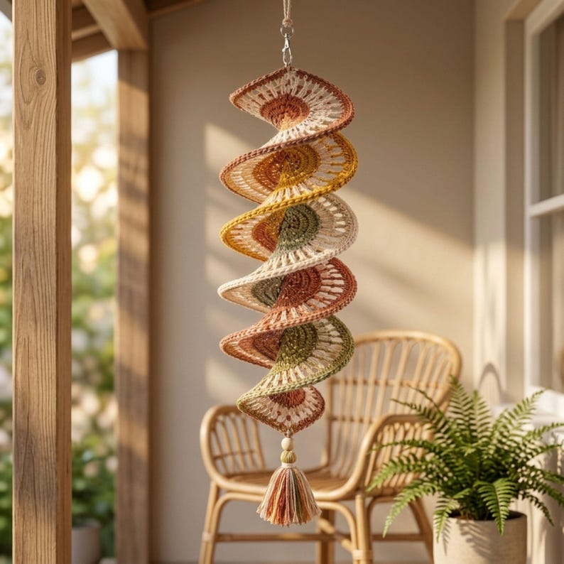 Gehäkelte Windspiele, spiralförmige Ornamente im Bohème-Stil, 3D-Windspiele