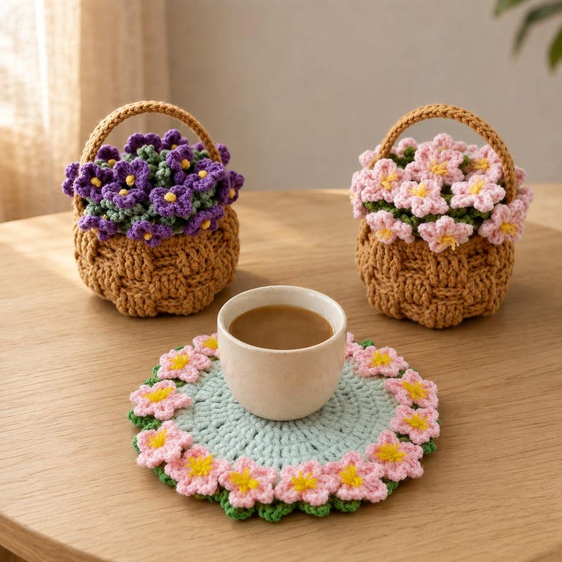Handgehäkelte Blumenuntersetzer, Mini-Häkelblumenkörbchen und rustikale Schreibtischdekorationen