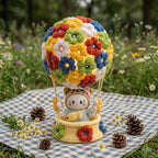 Hand-Crochet Flower Hot Air Balloon Night Light with Cat Amigurumi LED Lamp, Kawaii Crochet Desk Decor