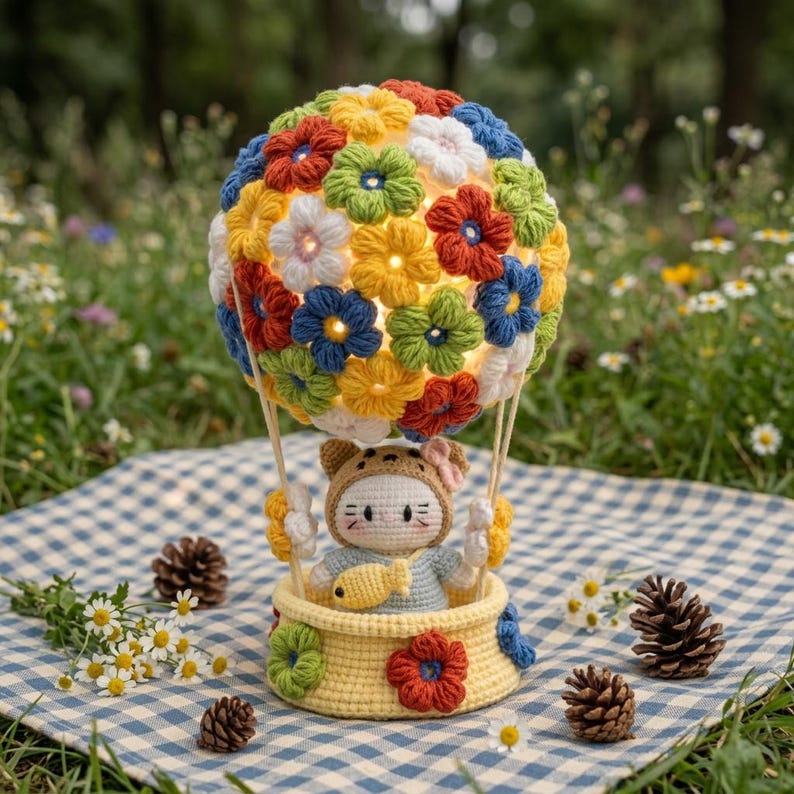 Hand-Crochet Flower Hot Air Balloon Night Light with Cat Amigurumi LED Lamp, Kawaii Crochet Desk Decor