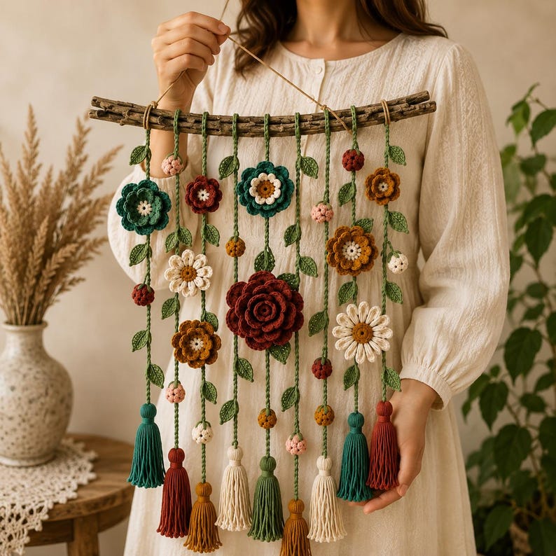Häkelarbeiten, florale Wandbehänge, Wanddekorationen im Bohème-Stil, gehäkelte Kränze