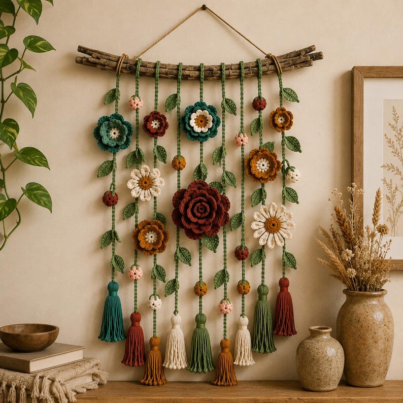 Häkelarbeiten, florale Wandbehänge, Wanddekorationen im Bohème-Stil, gehäkelte Kränze