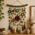 Häkelarbeiten, florale Wandbehänge, Wanddekorationen im Bohème-Stil, gehäkelte Kränze