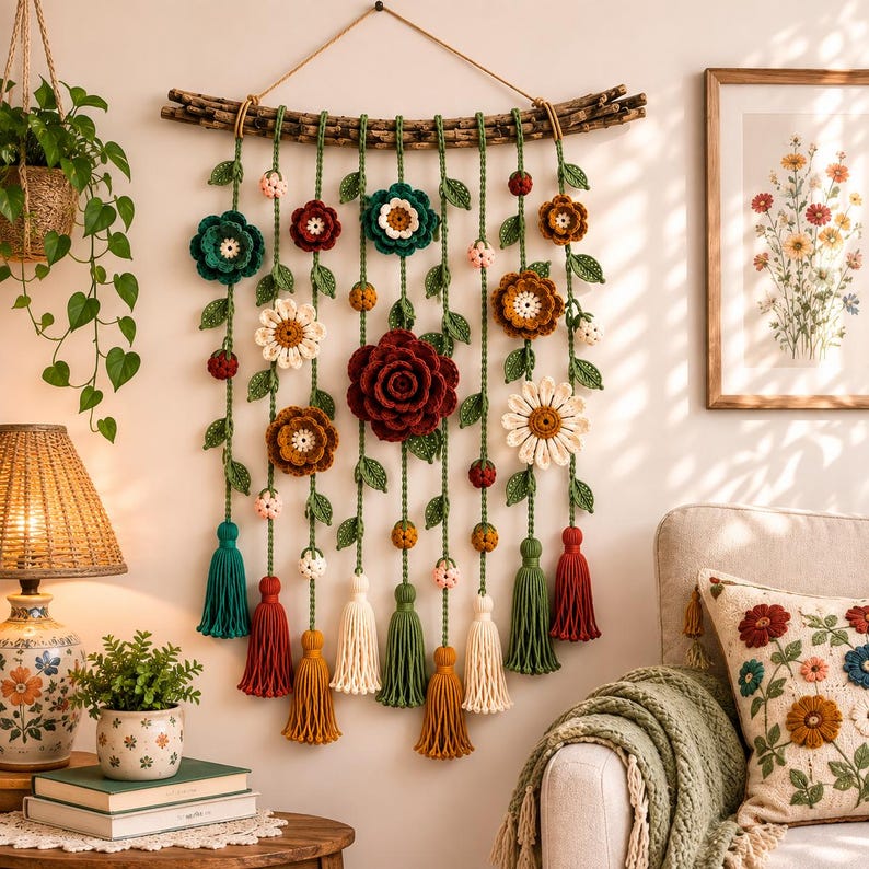 Häkelarbeiten, florale Wandbehänge, Wanddekorationen im Bohème-Stil, gehäkelte Kränze