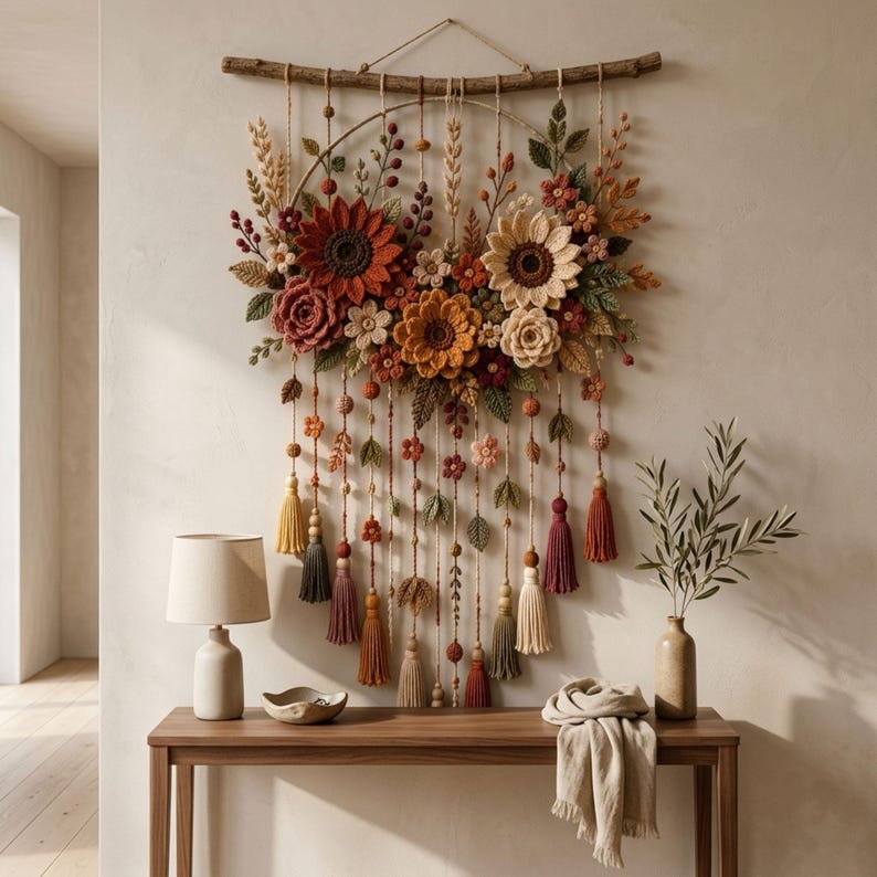 Gehäkelter Blumenwandbehang, Herbstpflanzen: Sonnenblume, Rose, Blätter und Quasten