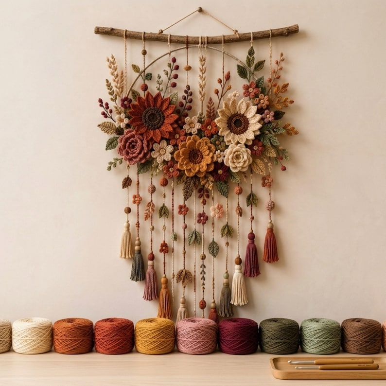 Gehäkelter Blumenwandbehang, Herbstpflanzen: Sonnenblume, Rose, Blätter und Quasten
