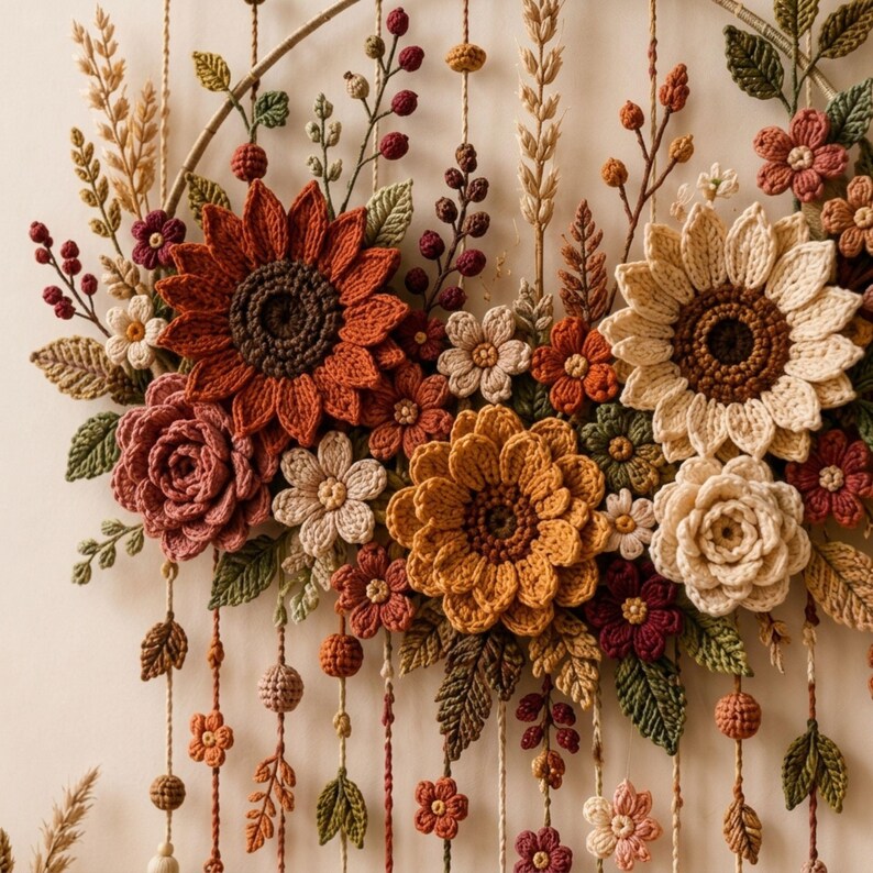 Gehäkelter Blumenwandbehang, Herbstpflanzen: Sonnenblume, Rose, Blätter und Quasten