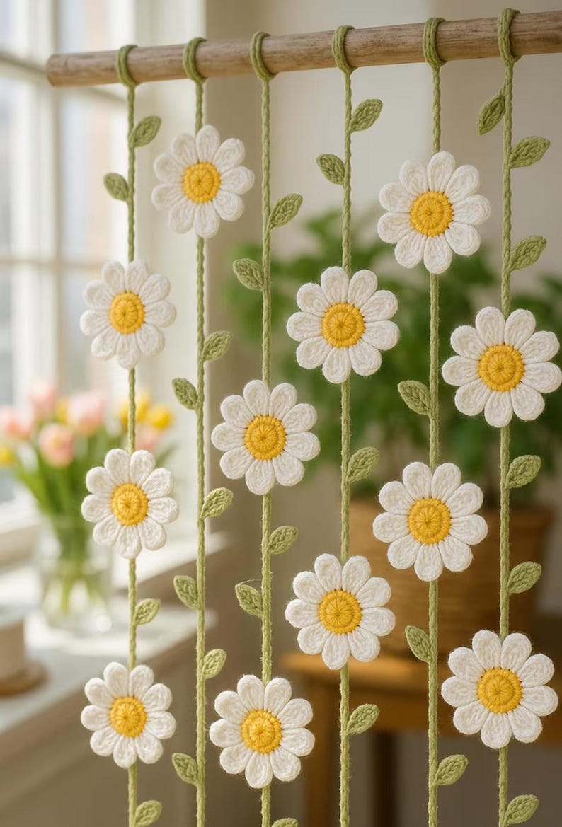 Handgehäkelte Gänseblümchen-Gardinen-Schieber, Boho-Fenster-Dekor, Cottagecore, floral, weiß und grün