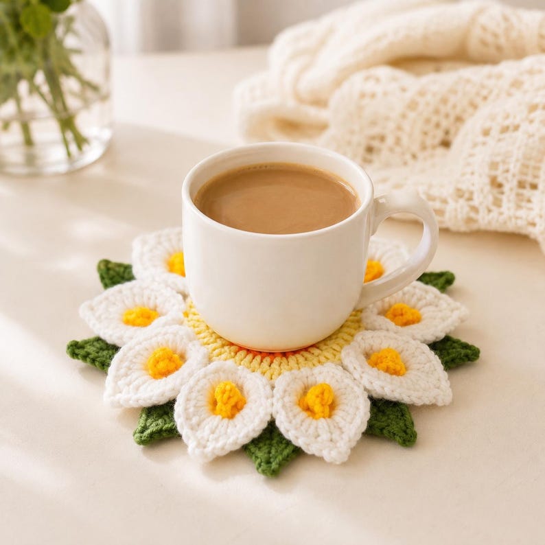 Gehäkeltes Blumen-Untersetzer-Set, 2-in-1-Untersetzer, verziert mit floralen Mustern, handgefertigte Untersetzer