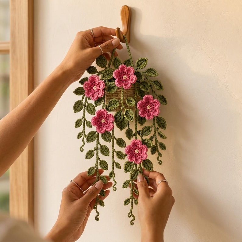 Gehäkelte Blumenwanddekorationen, rosa Blumenwandpflanzgefäße, Faser-Kunst im Bohème-Stil