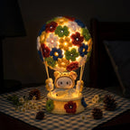 Hand-Crochet Flower Hot Air Balloon Night Light with Cat Amigurumi LED Lamp, Kawaii Crochet Desk Decor