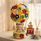 Hand-Crochet Flower Hot Air Balloon Night Light with Cat Amigurumi LED Lamp, Kawaii Crochet Desk Decor
