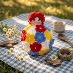 Crochet Floral Ball LED Nightlight, Red Hair Doll Ornament, Warm Glow Table Decor