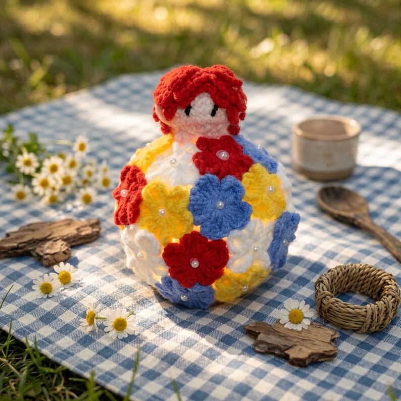 Crochet Floral Ball LED Nightlight, Red Hair Doll Ornament, Warm Glow Table Decor