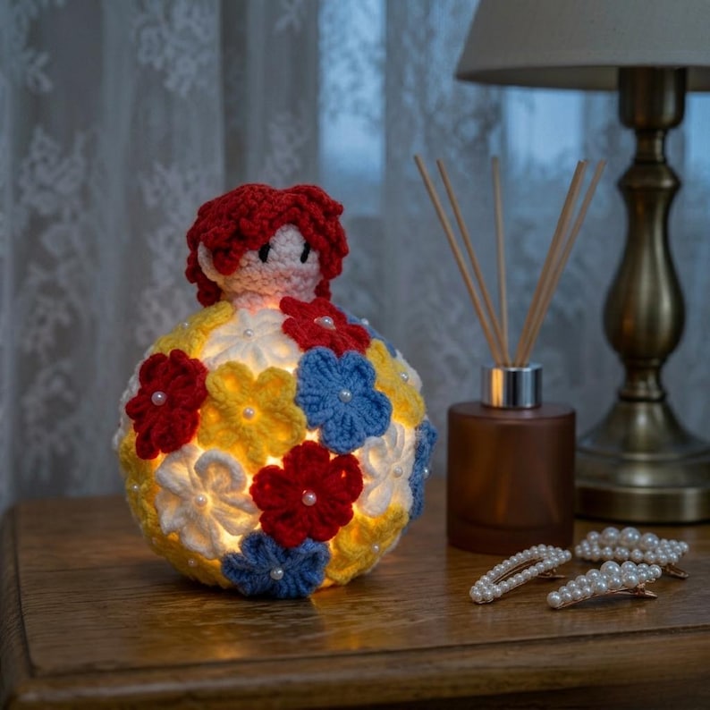 Crochet Floral Ball LED Nightlight, Red Hair Doll Ornament, Warm Glow Table Decor