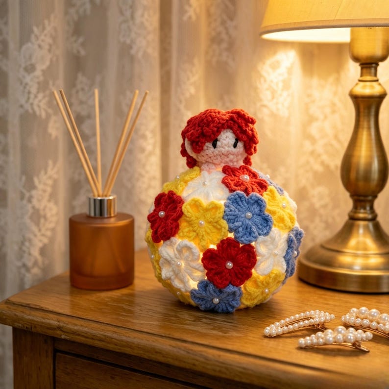 Crochet Floral Ball LED Nightlight, Red Hair Doll Ornament, Warm Glow Table Decor