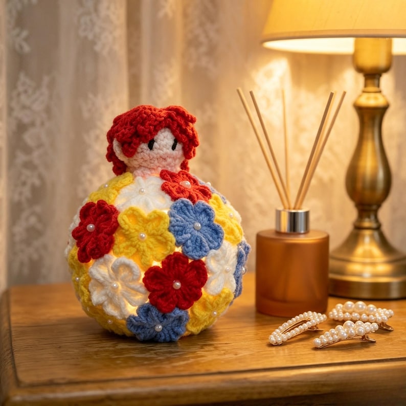 Crochet Floral Ball LED Nightlight, Red Hair Doll Ornament, Warm Glow Table Decor