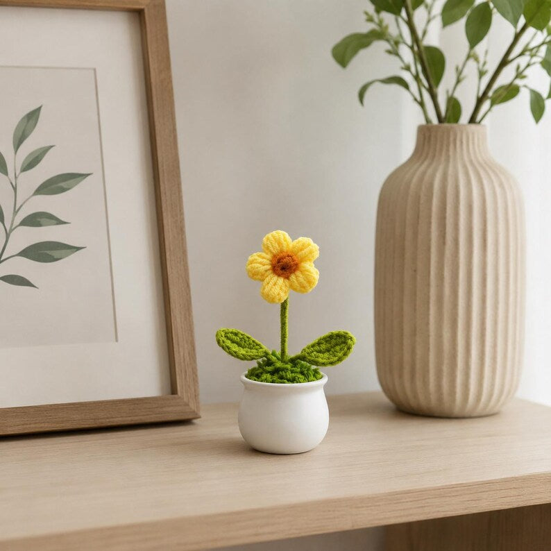 Handgehäkelte Miniatur-Topfblumen- und Pflanzenornamente, 6 cm groß