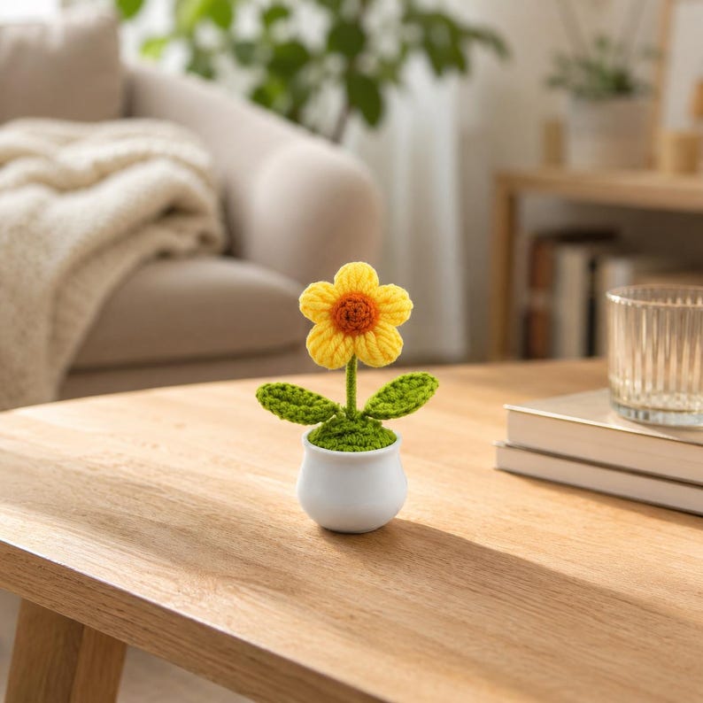 Handgehäkelte Miniatur-Topfblumen- und Pflanzenornamente, 6 cm groß